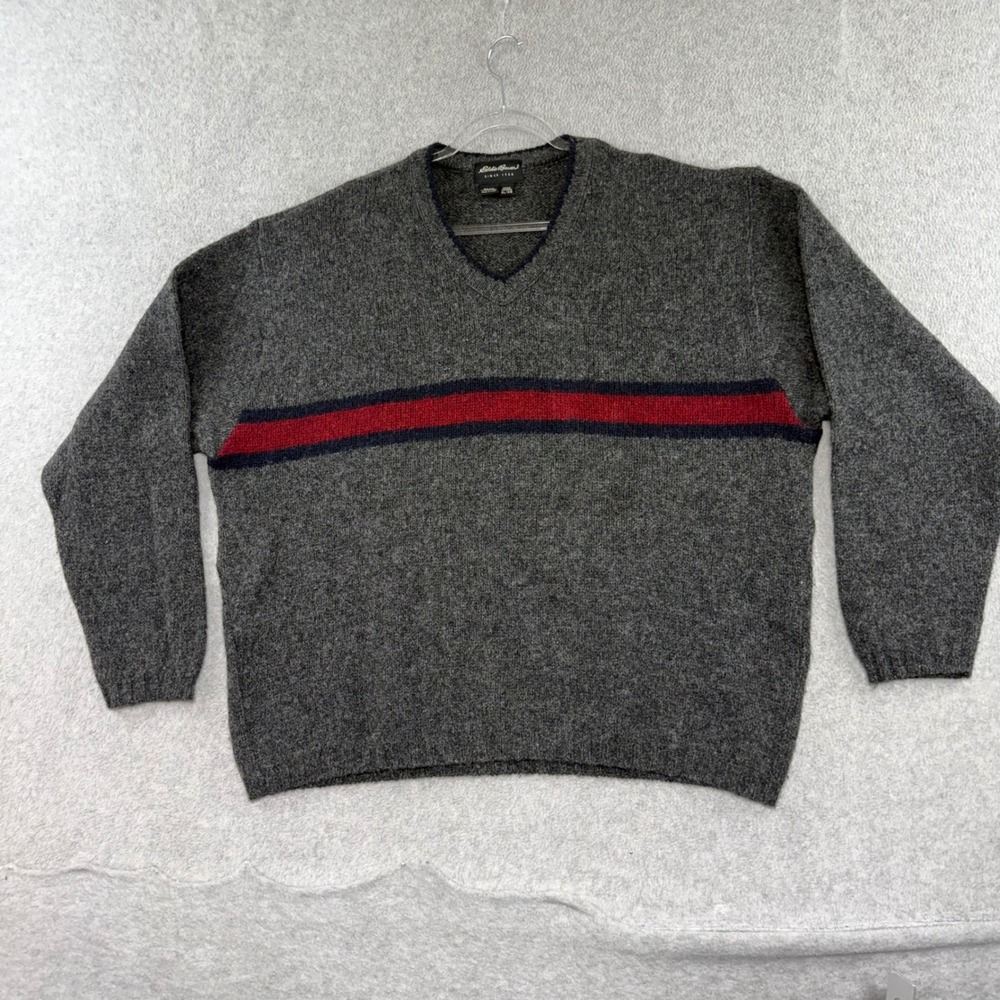 Eddie Bauer Vintage V-Neck Sweater Mens XL Gray Wool Chest Stripe Made in USA